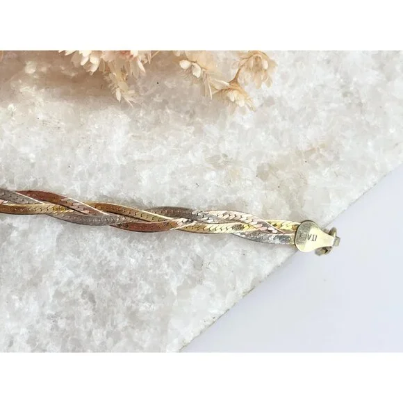 Italian HerringboneYellow Gold, Rose Gold & Silver 925 Vintage Bracelet - 7" - Picture 4 of 10